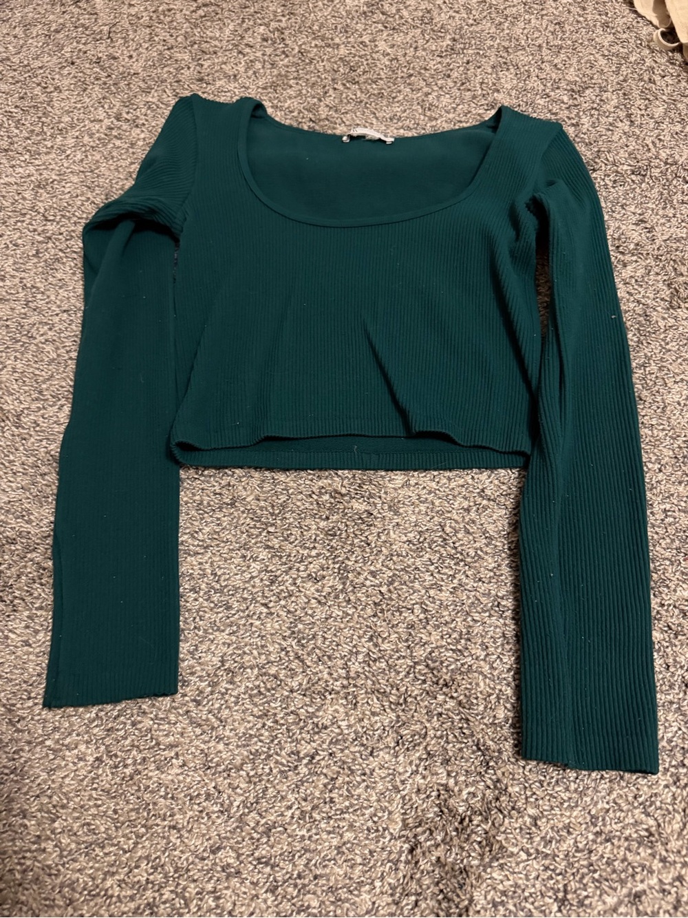 Zara Ribbed Long Sleeve Crop Top - Teal Green